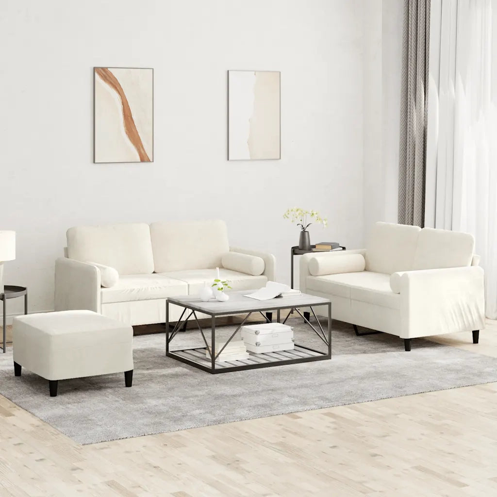Set di Divani 3 pz con Cuscini Crema in Velluto
