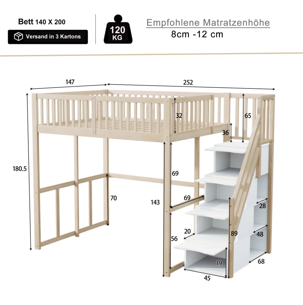 Letto a soppalco 140x200 cm in legno di pino naturale con scala contenitore e sponde di sicurezza
