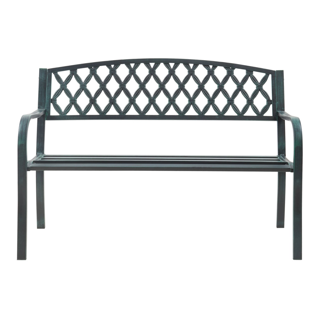 Panca da Giardino Opsasar in Acciaio con Schienale a Motivo Intrecciato 127x54x88 cm - Grigio Scuro con Patina Verde casa.pro