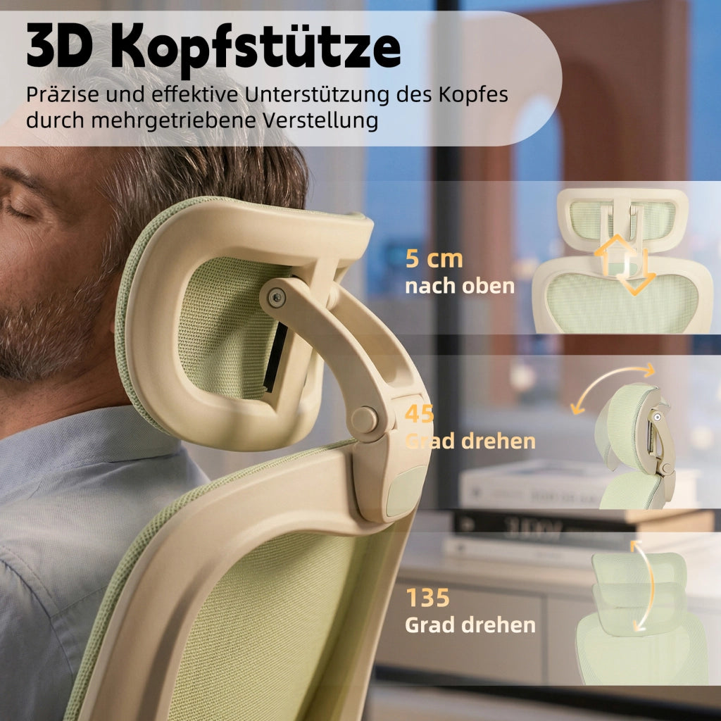 Sedia da ufficio ergonomica pieghevole con supporto lombare, poggiatesta 3D e braccioli ribaltabili in mesh verde