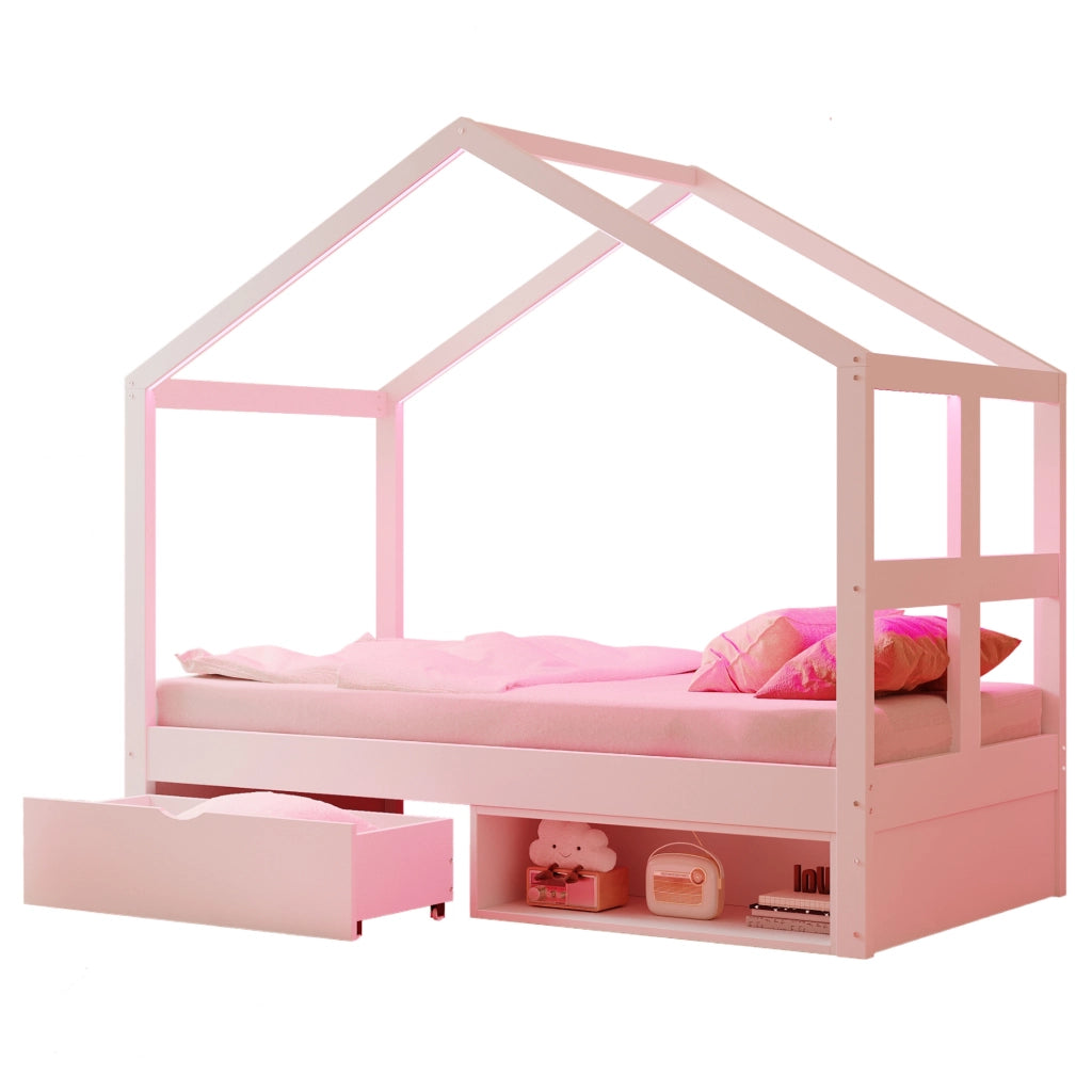 Letto a casetta 90x190 cm con cassetto; scarpiera e LED multicolore; bianco