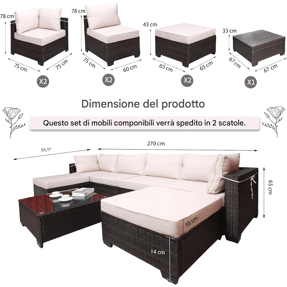 Set Patio Divano Modulabile da Esterno in Polyrattan Cuscini Beige da Giardino