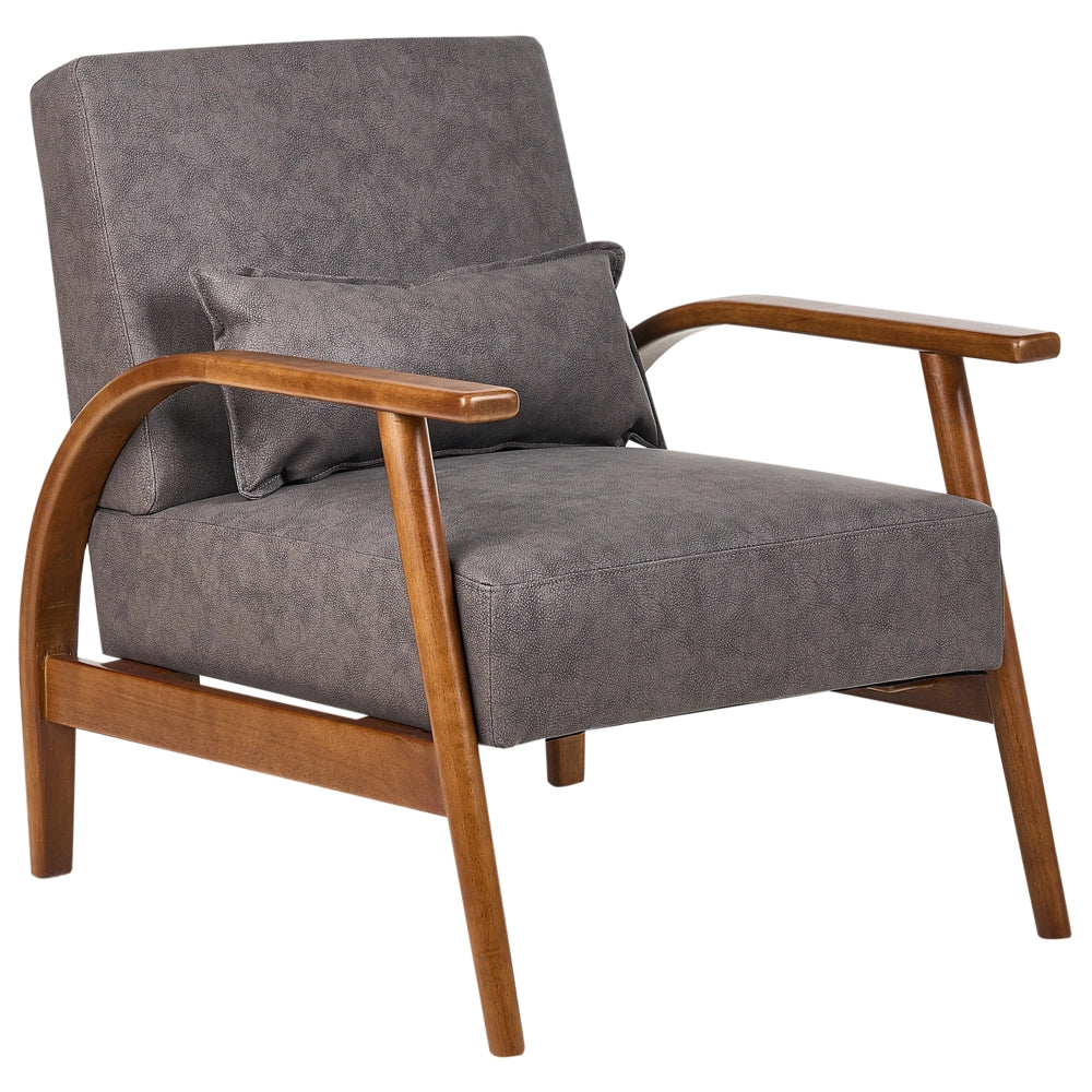 Poltrona marrone scuro in ecopelle con gambe in legno, braccioli e cuscino Retro Classico Soggiorno Tradizionale
