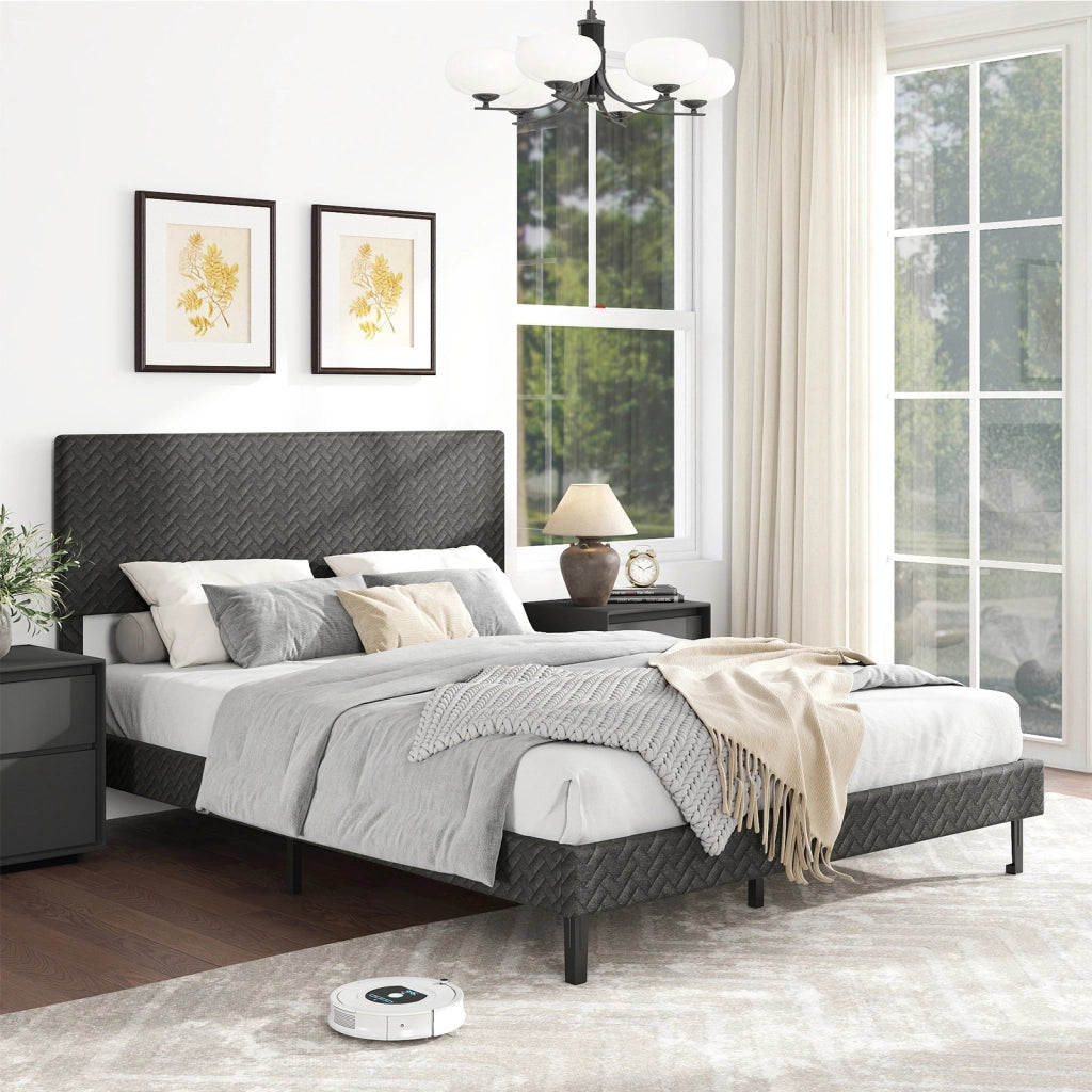 Telaio letto a piattaforma imbottito in lino con testiera chevron regolabile in altezza-Telaio letto a piattaforma silenzioso larghezza 164,5 cm
