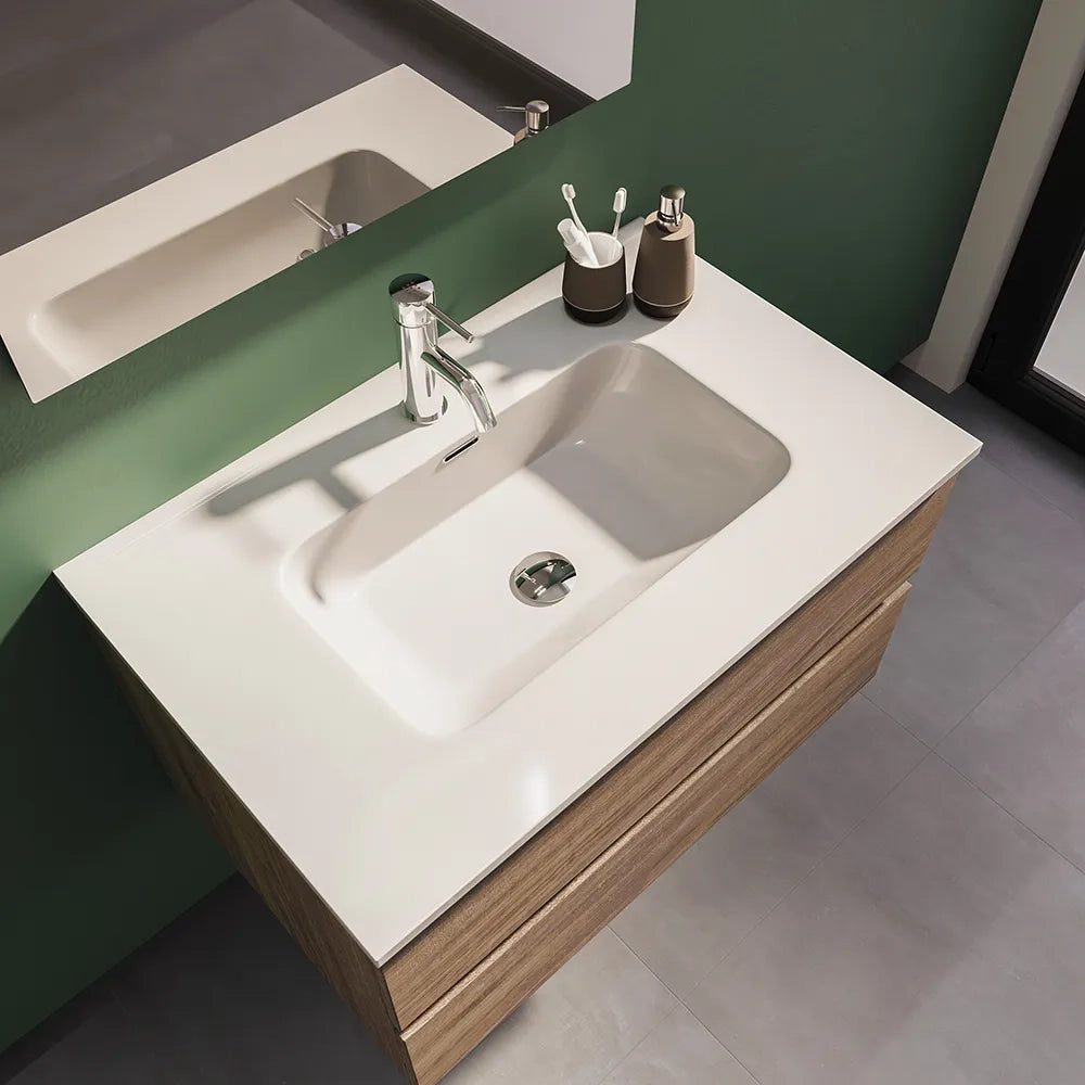 Mobile da bagno sospeso 70 cm rovere scuro con lavabo e specchio | Yili
