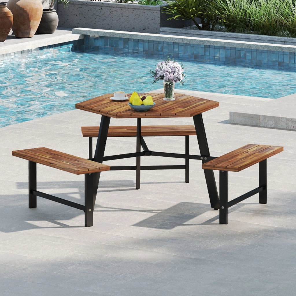 Set tavolo da pranzo con panchine in legno di acacia per 6 persone, Tavolo da picnic con panchine foro per ombrellone Marrone