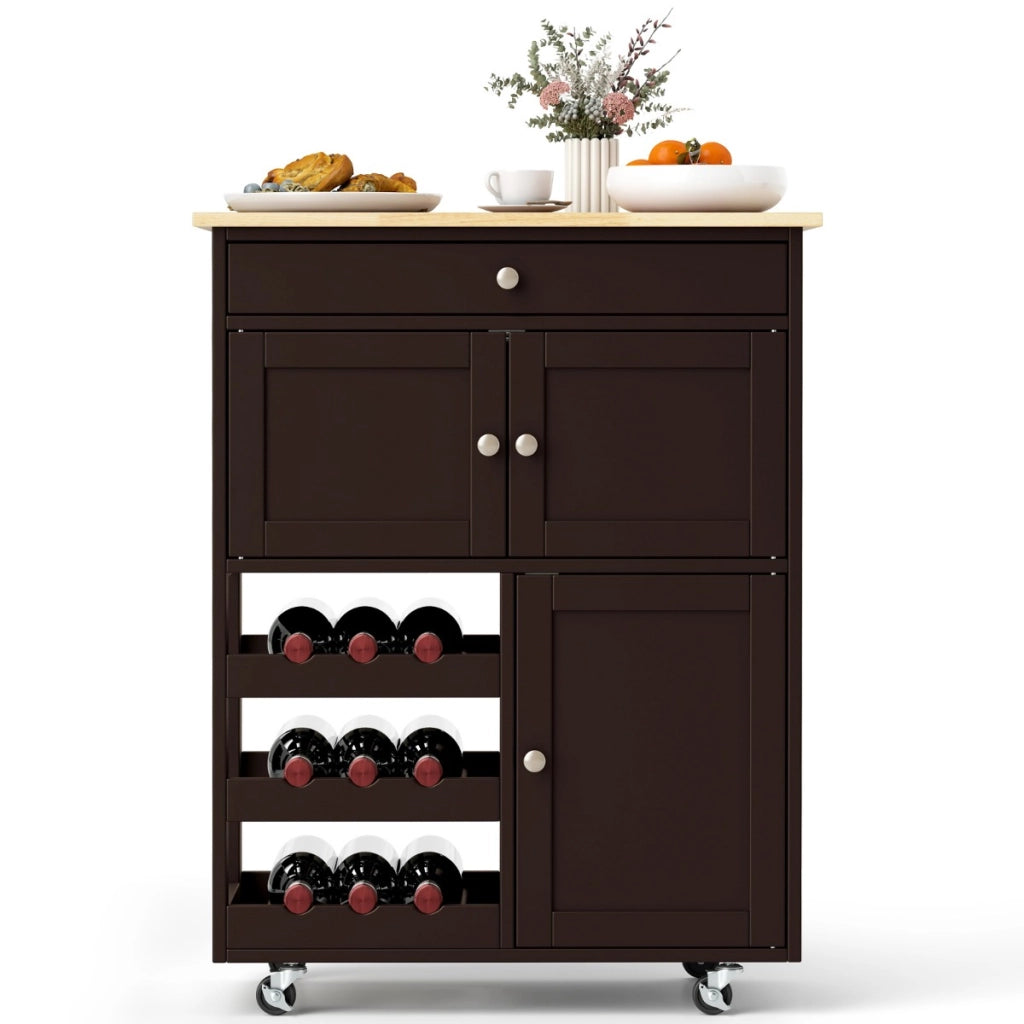 Carrello da cucina con portabottiglie a 3 livelli e cassetto, Isola da cucina con superficie in legno Marrone-Carrelli