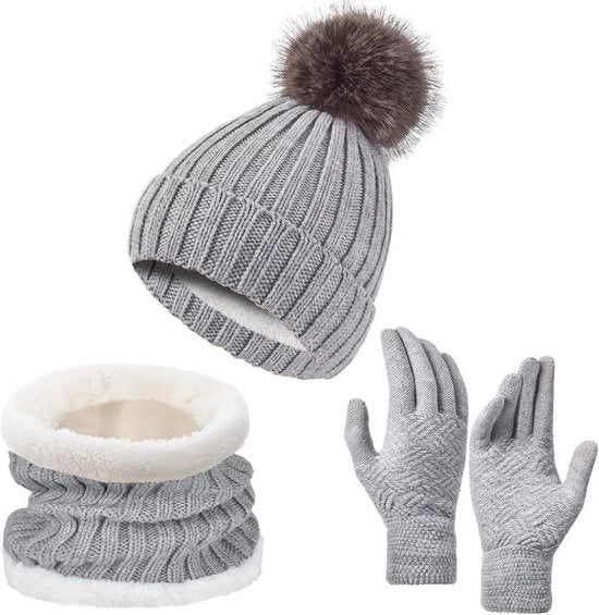 Set invernale 3 pezzi - Grigio - Sciarpa rotonda, cuffie pompon, guanti touchscreen - Set invernale caldo per ragazze - Cuffie calde - Guanti e sciarpa caldi - One-size - per bicicletta e camminata - Guanti e sciarpa caldi