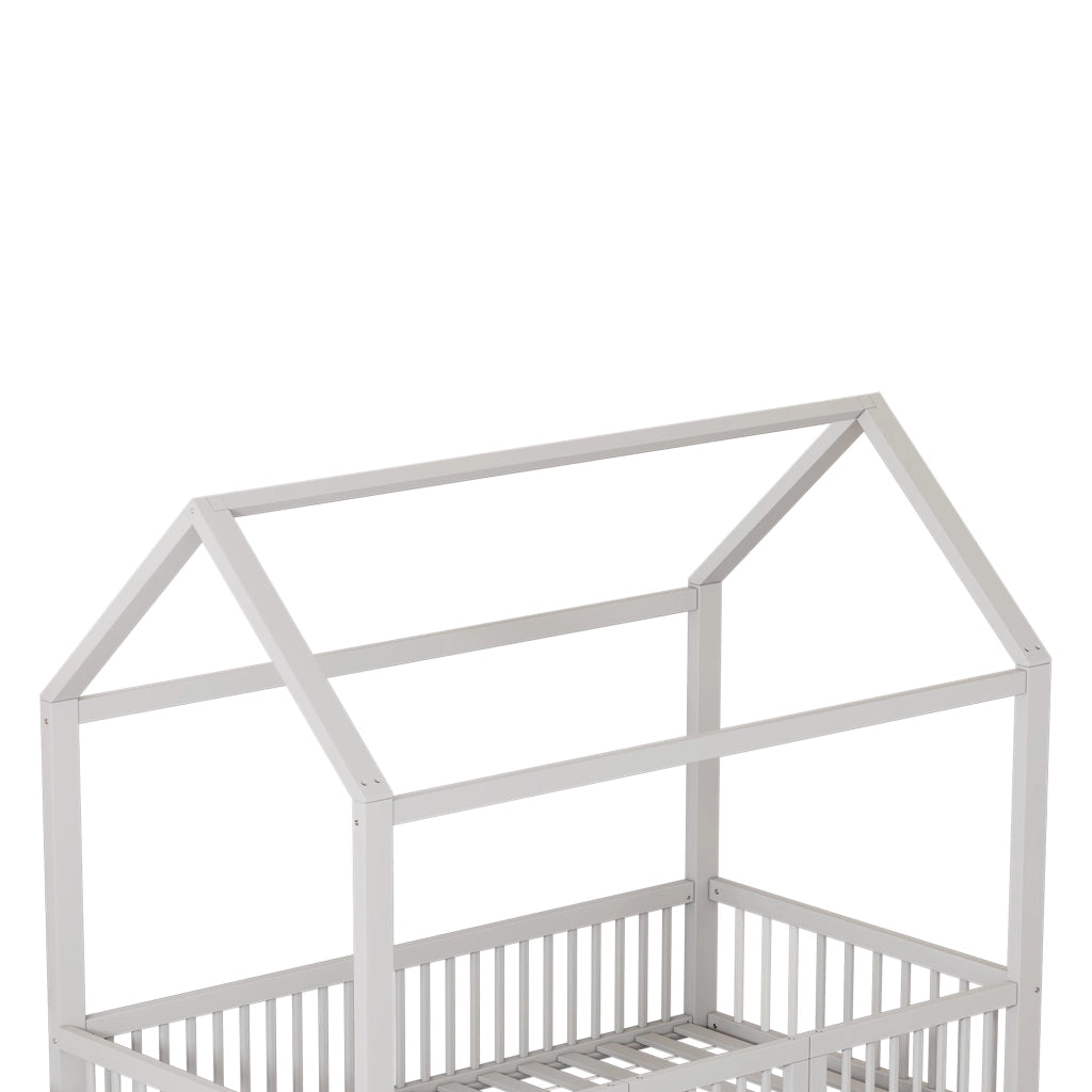 DESMIU Letto casetta per bambini 1 posto con barriere e sportello, 90 × 200 cm, senza materasso, in pino e MDF, bianco
