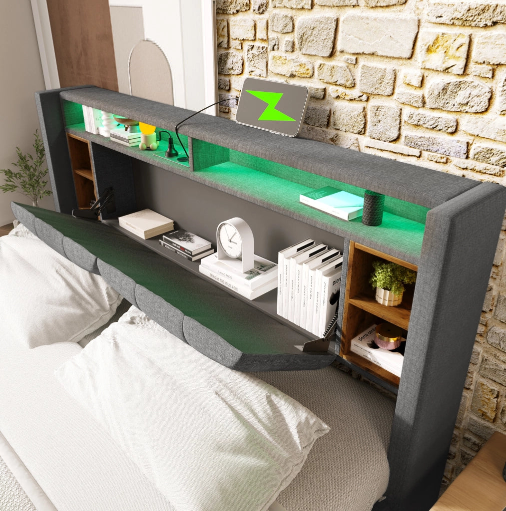 Letto imbottito ULEVR 140x200 cm con testiera contenitore, LED e 2 USB + 2 prese, grigio