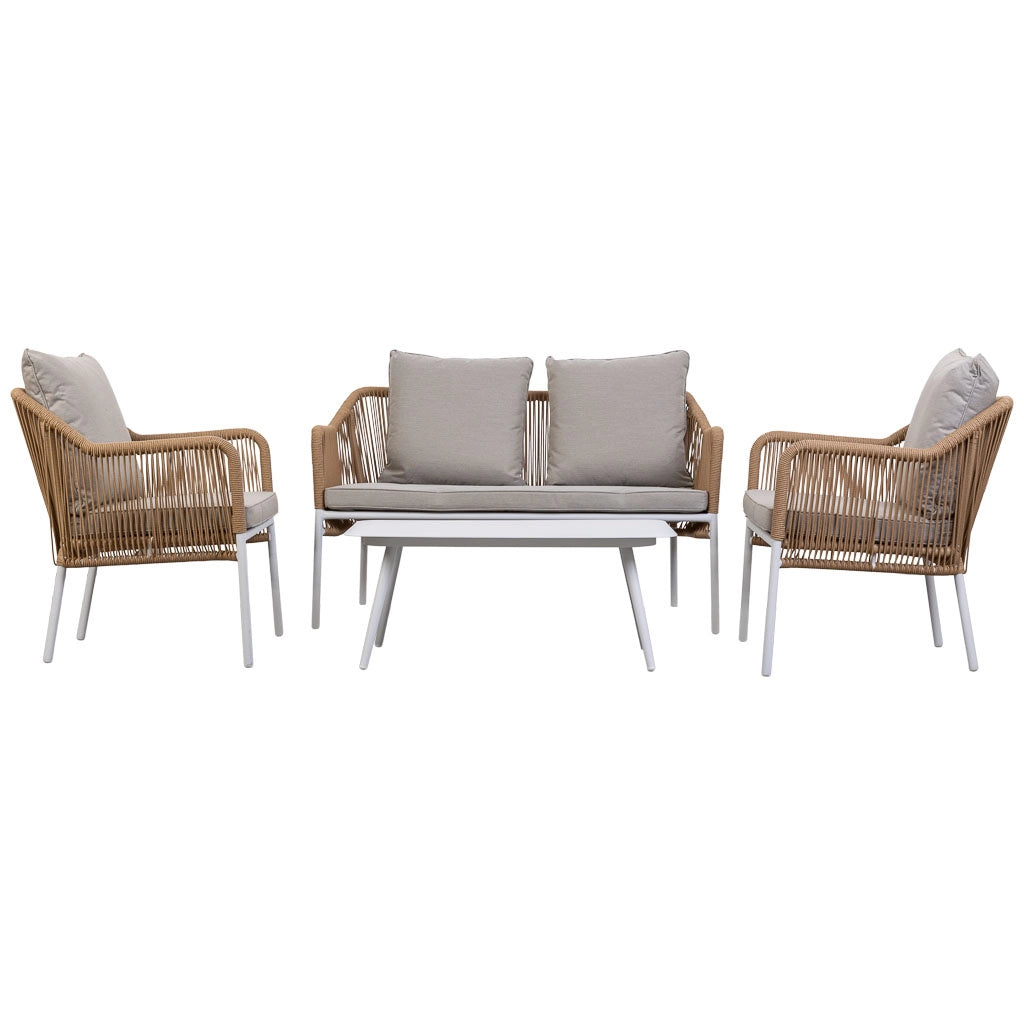 Tavolo, divano e 2 poltrone beige, 110x65x45, 72x79x76, 146x79x76