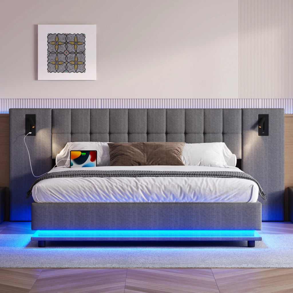 Letto imbottito 180x200 cm con LED; spot e USB in lino grigio
