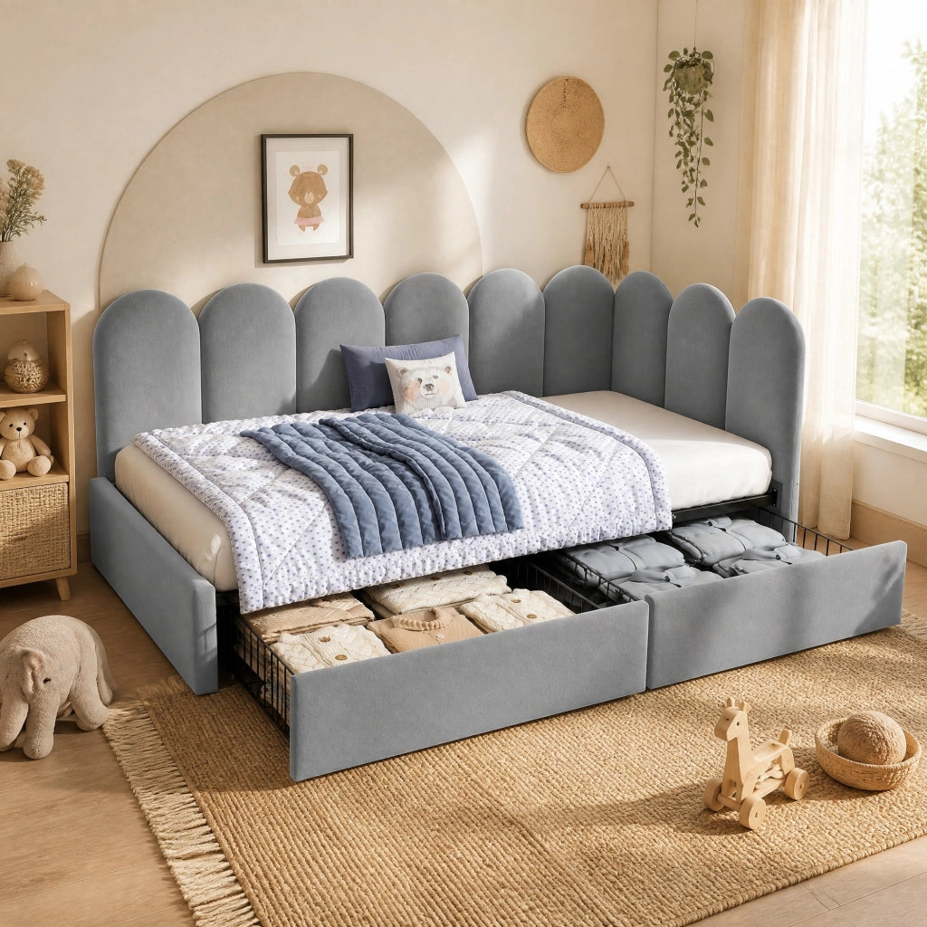Letto singolo imbottito con 2 cassetti e rete a doghe 90x190 cm grigio