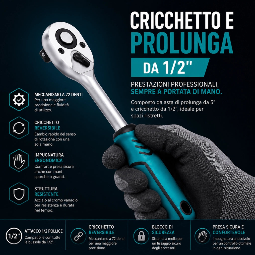 Set 12 Chiavi a Bussola 1/2" con Cricchetto e Prolunga 125 mm VHT02527