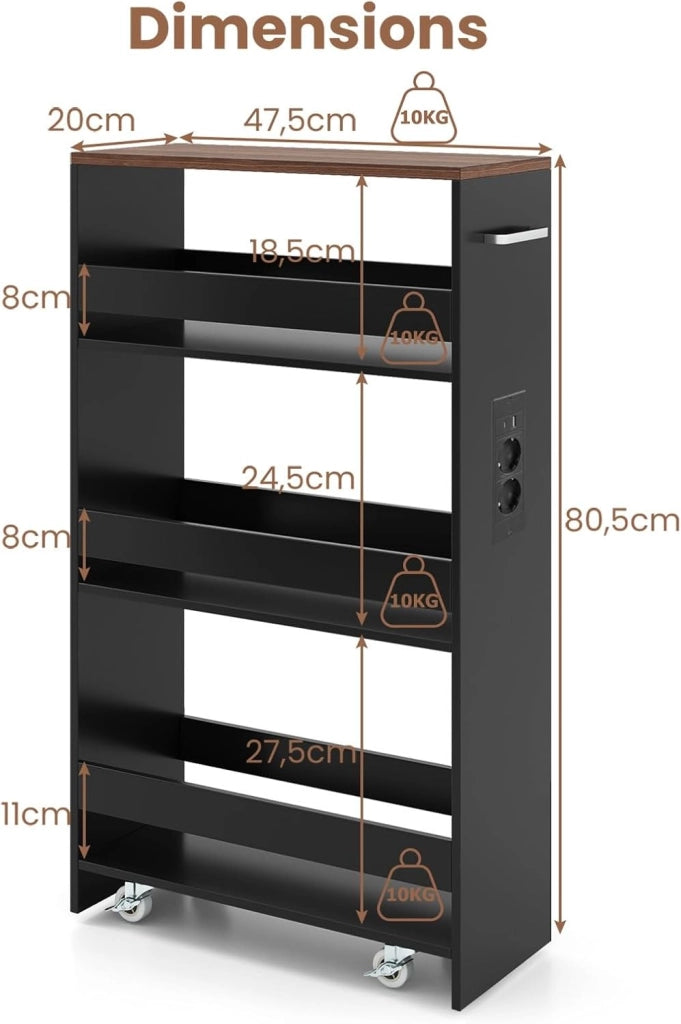 Scaffale per Nicchia da 20 cm di Larghezza, con Base di Ricarica, 4 Piani in Legno su Ruote, Scaffale Sottile per Cucina e Bagno, Carrello a Rotelle (Marrone+Nero, Largo 20cm, con presa)