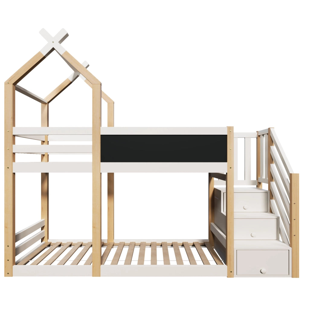 Letto a soppalco 90x200 cm con lavagna e scala contenitore in legno e MDF bianco