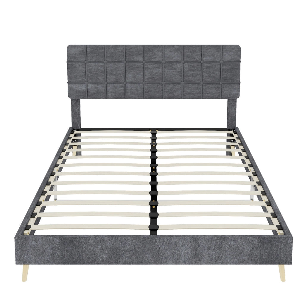 Letto 140x200 cm con testiera trapuntata e gambe in legno in velluto grigio