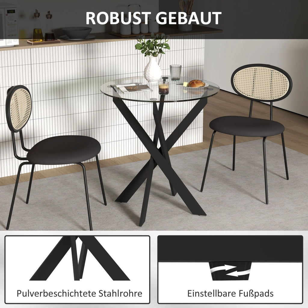 Tavolo da pranzo - rotondo per 4 - piano in vetro temperato - gambe in acciaio - Ø70x75 cm - nero+trasparente