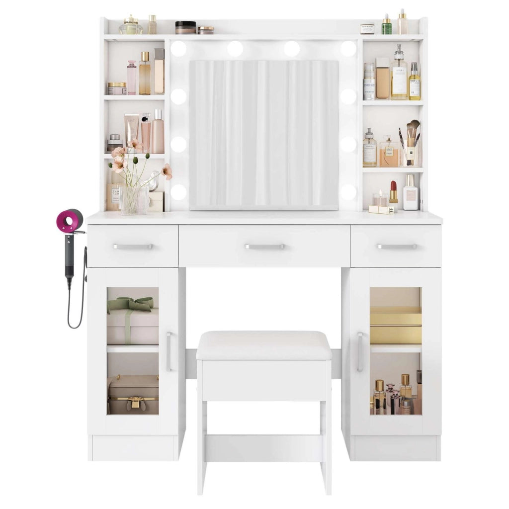 Toeletta, tavolino da trucco, specchio da trucco a LED, 110x40x140 cm, panca con vano portaoggetti