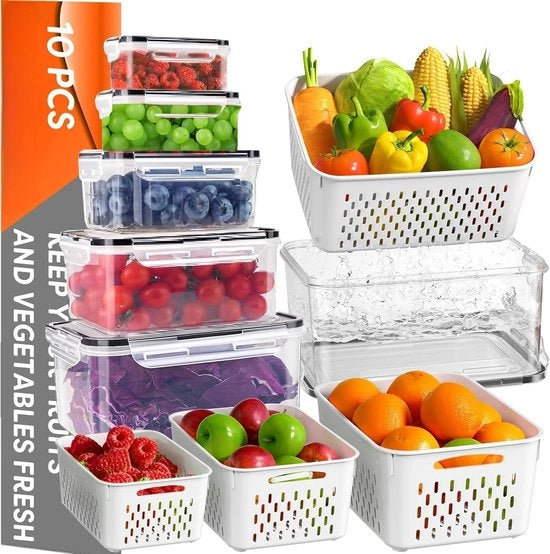 Frigorifero a 10 celle per frutta, contenitore per la raccolta delle uve, frigorifero per verdure, frigorifero per insalate, organizzatore del frigorifero con setaccio (M)