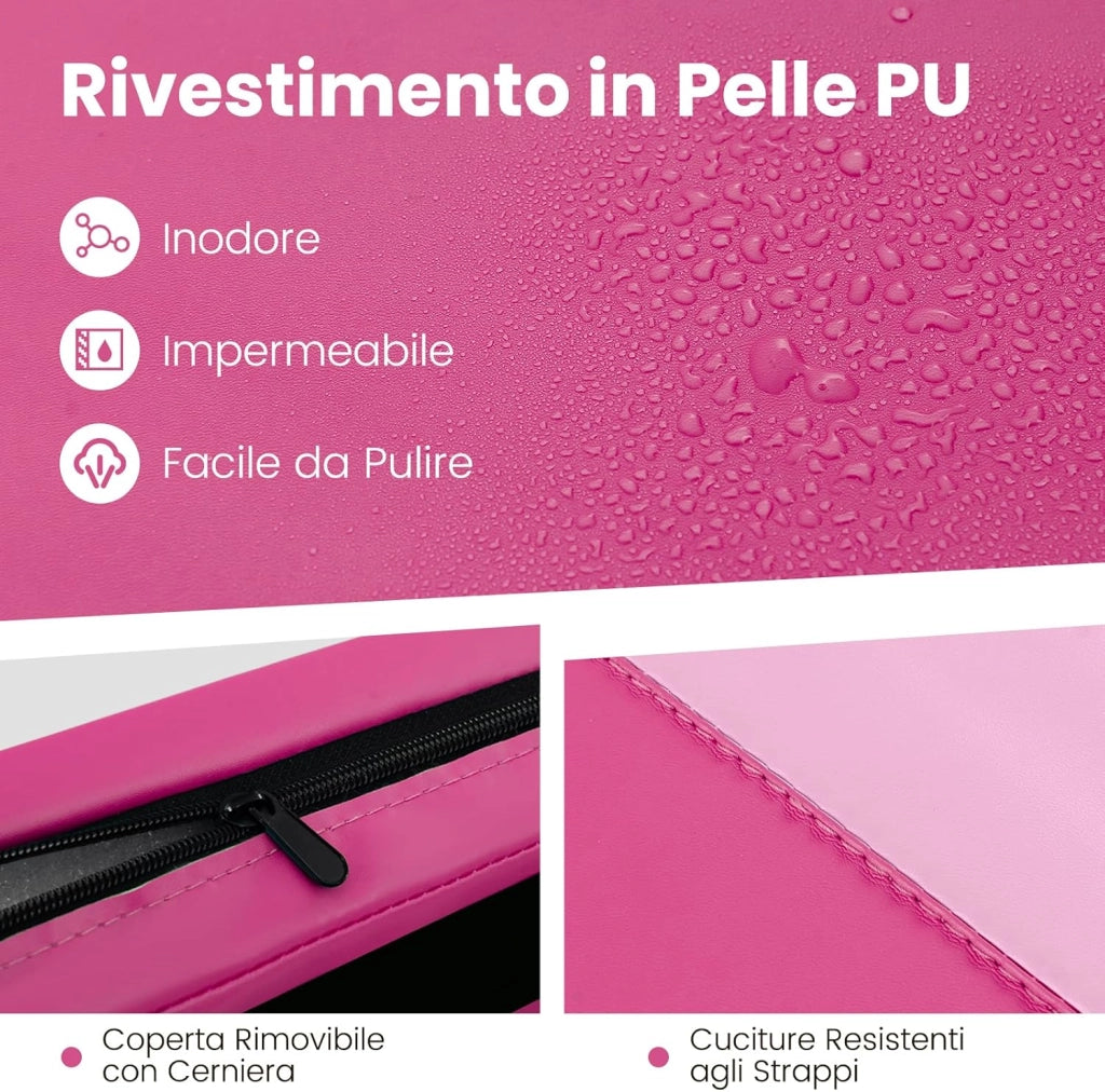 Tappetino per Ginnastica Pieghevole a 4 Pannelli con Maniglie, 300 x 117 x 5 CM, Tappetino in Ecopelle con Chiusure a Strappo per Ginnastica, Yoga, Stretching & Capriole（Rosa)