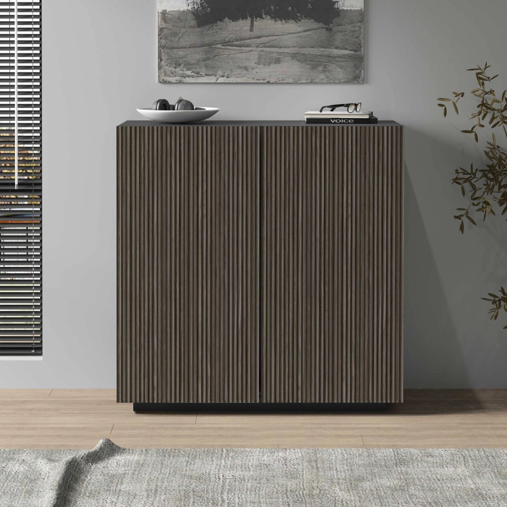 WHOUS Credenza Coste a 2 ante effetto cannetè antracite opaco e legno scuro 120x43x126 cm