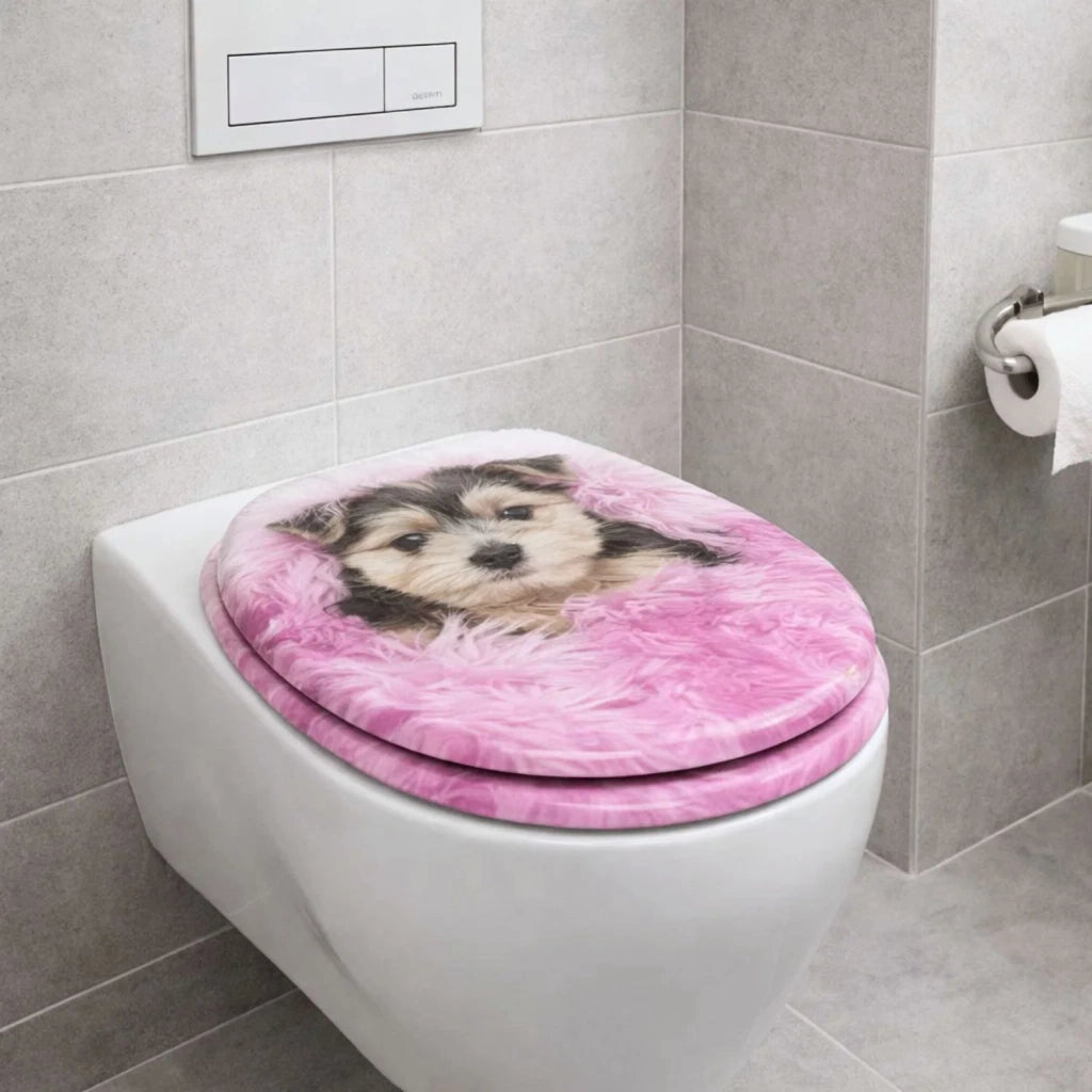 Sedile wc copri vater universale frizionato fantasia in mdf chiusura rallentata *** fantasia pink dog, confezione 1