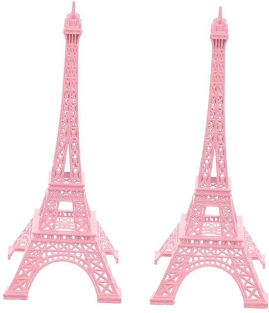 Due Statue di Eiffel in Metallo Rosa, Decorazione Creativa per Tavolo, Dimensioni 18x7x7 cm