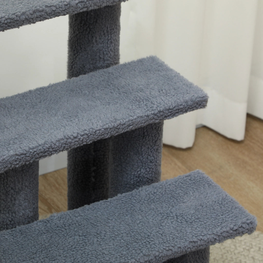 Tiragraffi per gatti a 4 livelli per salire e scendere in truciolato e peluche grigio 63,5 × 43 × 60 cm