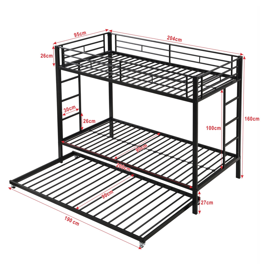 Letto a castello 90x200 cm in metallo nero con letto estraibile e sponde alte
