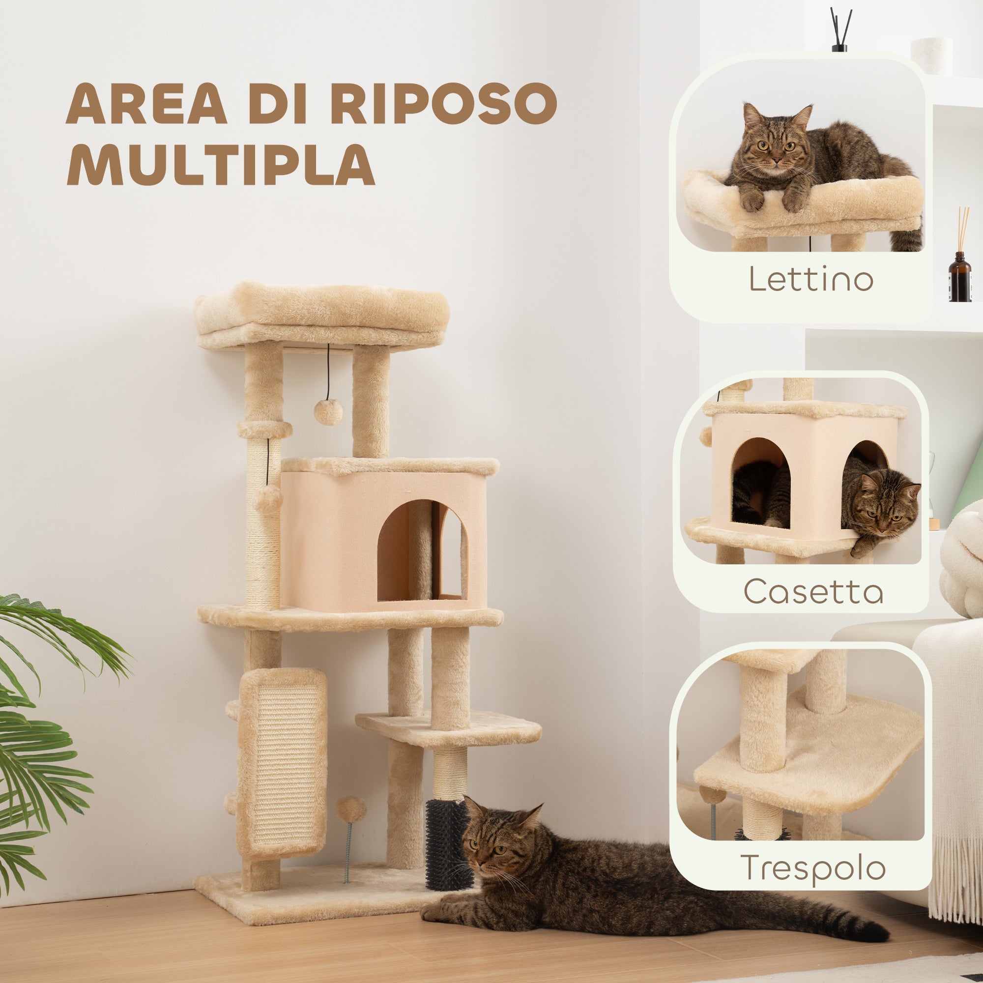 Albero per Gatti Multilivello Alto 104 cm con Casetta Lettino Pali Tiragraffi Spazzola e Pallina Beige