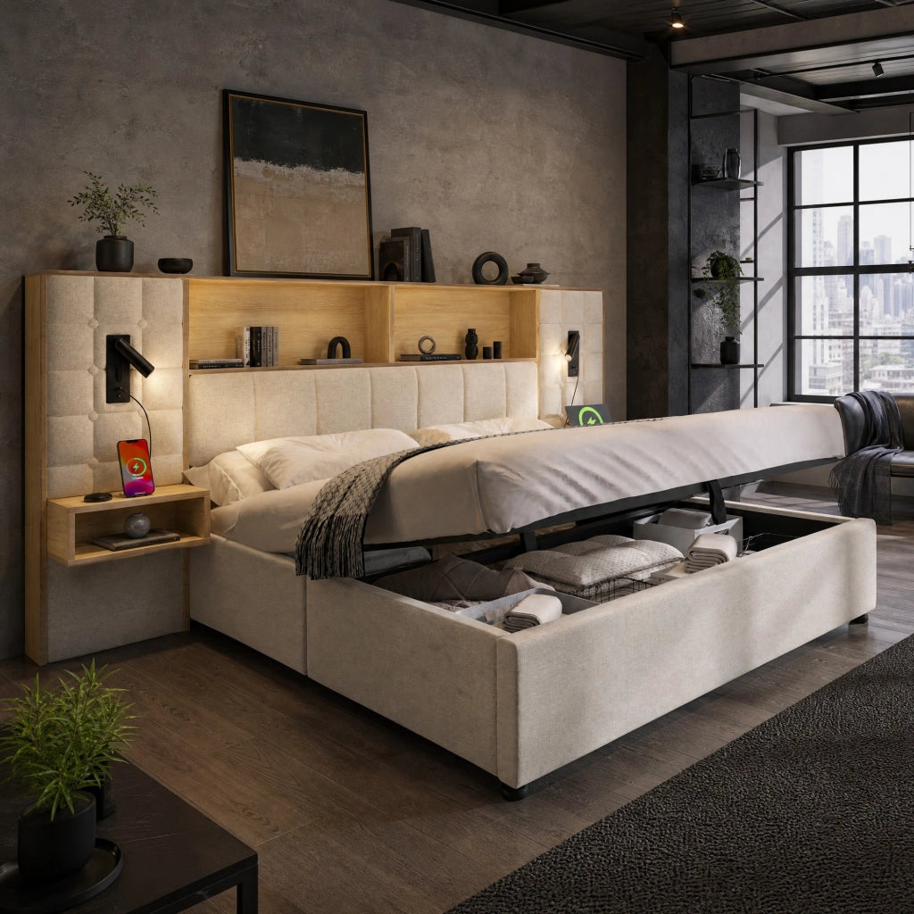 Letto matrimoniale 180x200 cm con contenitore, LED, comodini e USB Type-C, in lino beige