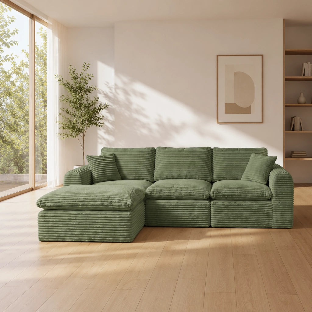 Divano modulare 3 moduli con funzione letto e seduta confortevole in tessuto a coste verde