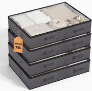 4 contenitori di archiviazione sotto letto con coperchio 75L, contenitore archiviazione pieghevole con doppia cerniera, organizzatore di stoffe per letto, abbigliamento, traslochi, grigio