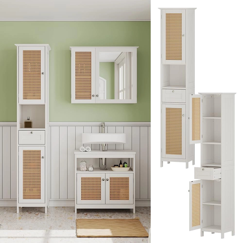 Armadio per il bagno Rosario, Bianco, 32 x 170 cm con 2 ante e cassetto, per la conservazione di articoli da bagno e asciugamani