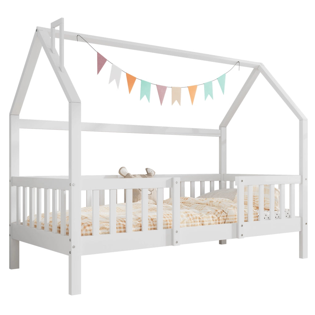 Letto Casetta 90x200 cm - con Tetto e Sponde - in Legno - Bianco
