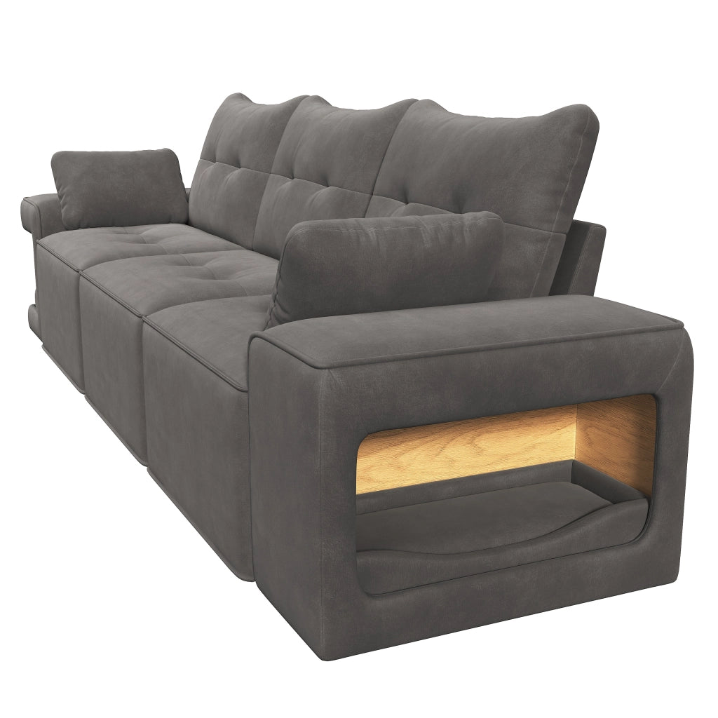 Divano modulare a 3 posti con braccioli larghi e vani portaoggetti, nicchie per animali in velluto grigio 229,5 × 78 × 84 cm
