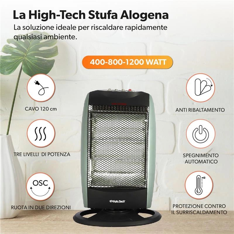 HIGH-TECH STUFA ALOGENA 400-800-1200 W 3 LIVELLI DI POTENZA SPEGNIMENTO AUTOMATICO RUOTA IN 2 DIREZIONI