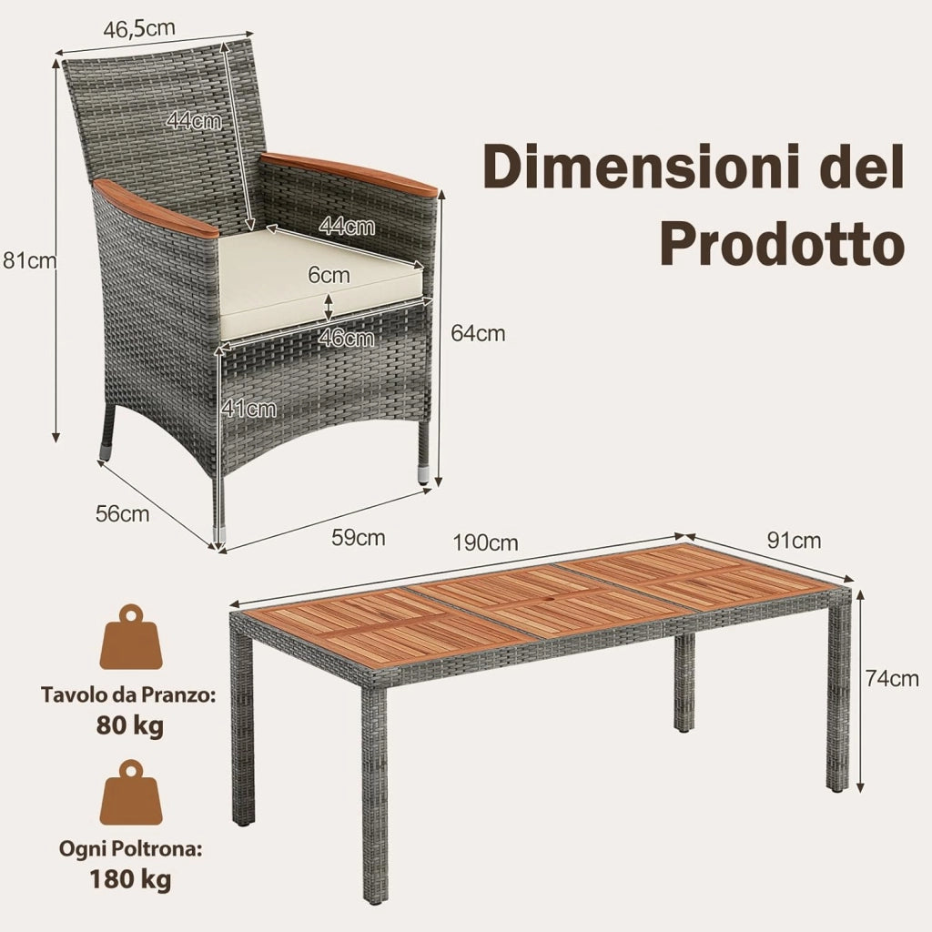 Set 9 Pezzi da Pranzo per giardino, Set di Mobili Esterno in Rattan PE, con 1 Tavolo Rettangolare e 8 Sedie con Cuscini, Ideale per Giardino Piscina e Cortile