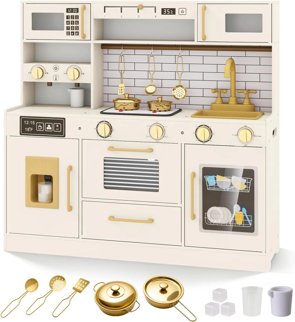 Cucina Giocattolo per Bambini, Set Cucina Gioco in Legno con Macchina per Ghiaccio, Caffettiera, Lavastoviglie e Accessori, Luci e Suoni, Regalo di Ruolo per Bambini 3+ Anni