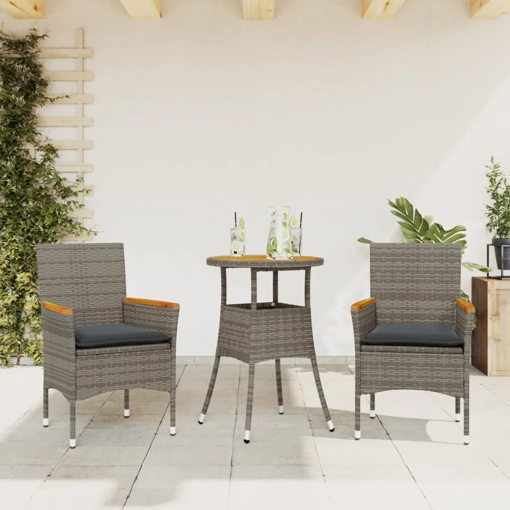 Set Pranzo da Giardino 3pz | Set Salotto da Giardino con Cuscini Polyrattan Acacia Grigio