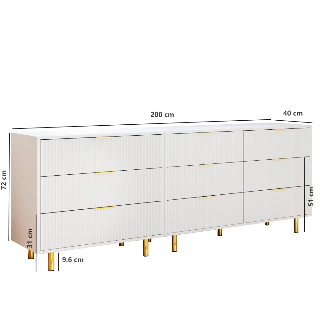 Cassettiera modulare con 9 cassetti - per soggiorno - in MDF - bianca - 200×40×72 cm