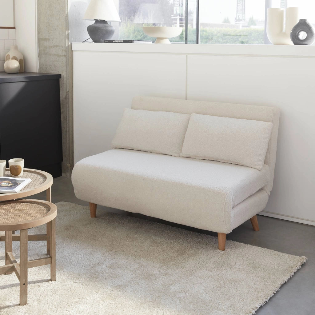 Divano letto in tessuto bouclé, 2 posti, crema