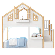 Letto a Soppalco 90x200 cm con Scala Contenitore; LED e Finestra in Legno Bianco
