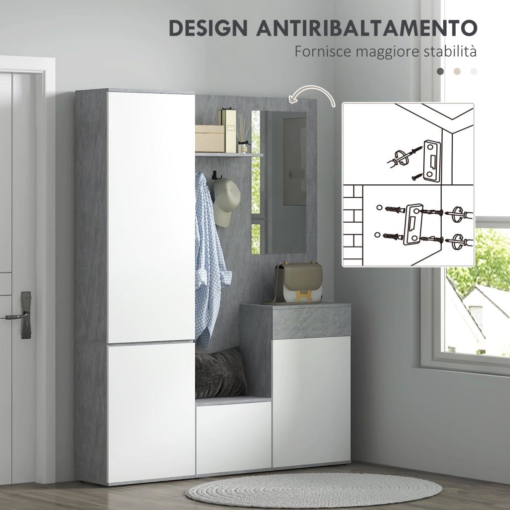 Mobile Ingresso con Specchio, Ganci e Ripiani ¨C Zephmum ¨C Grigio e Bianco, Legno, 145x29x184 cm