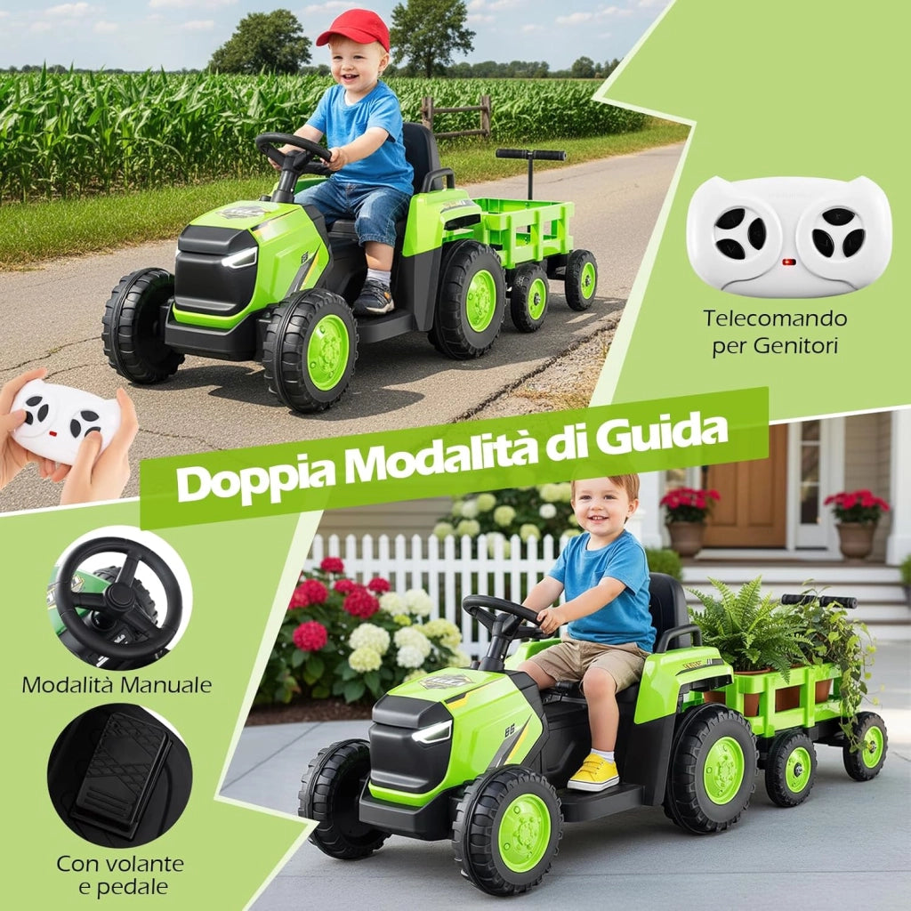 12V Trattore Elettrico per Bambini, Trattore a Pedali con Rimorchio Staccabile Controllo Remoto Fari LED Clacson e Musica, Macchina Elettrica per Bambini 37-95 Mesi (Verde)