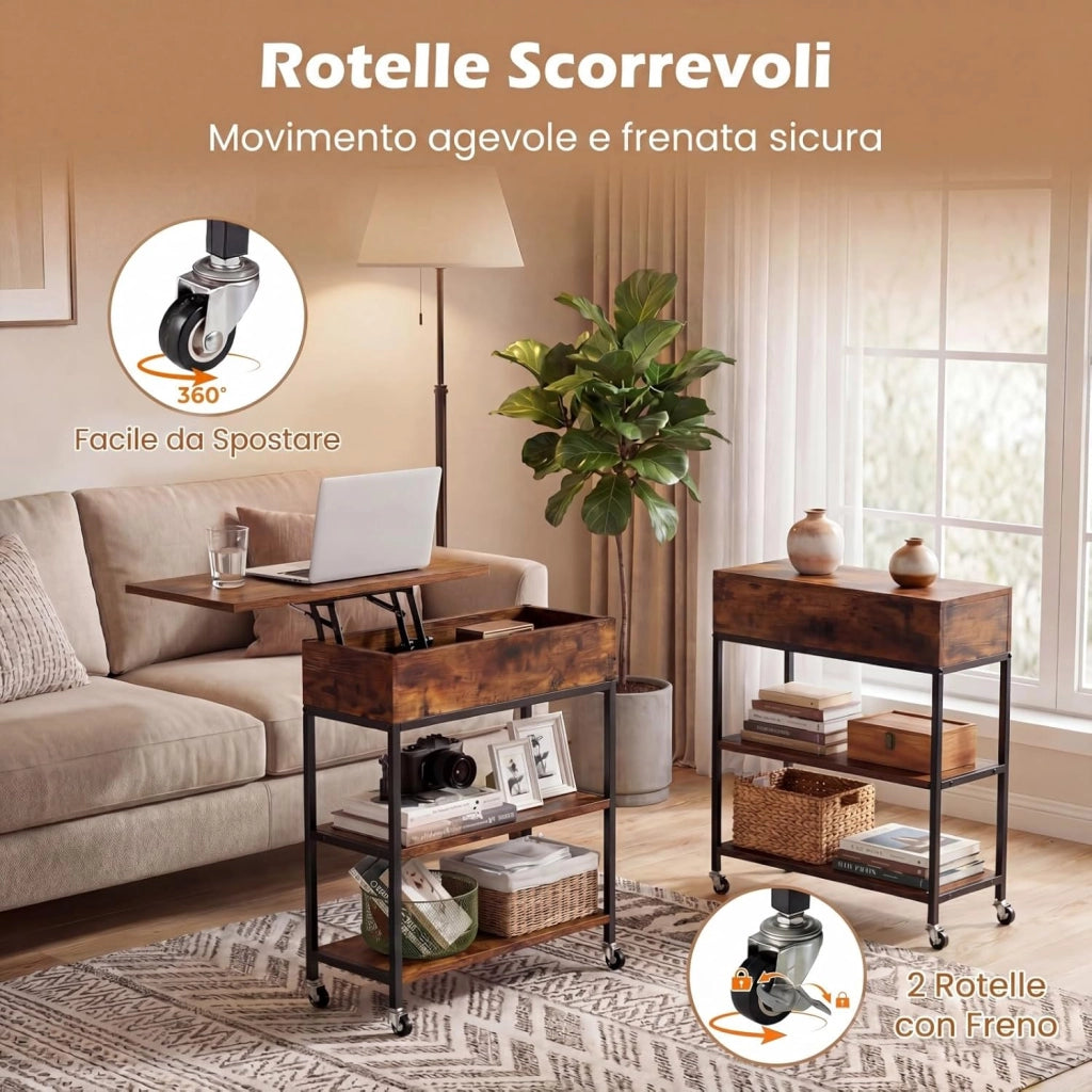 Tavolino Laterale con Ruote, Tavolino con Piano Ribaltabile, Stazione di Ricarica, Ripiani di Stoccaggio Aperti, Mobile Industriale per Studio, Salotto, Divano, 60 X 24 X 67,5 CM