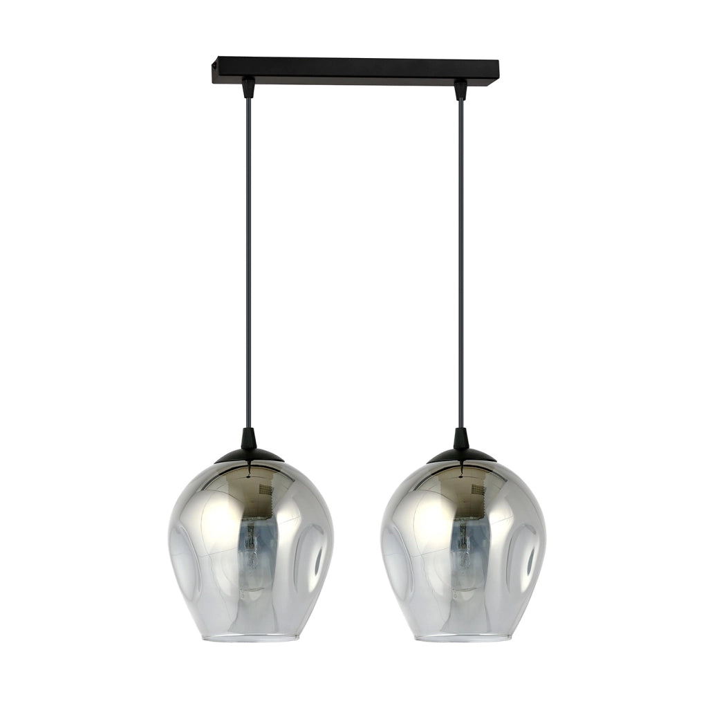 Lampadario 2 Luci Fuxi In Acciaio Nero E Vetri Fumè