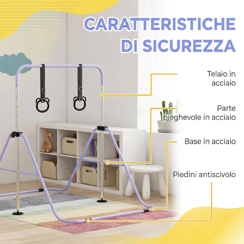 Sbarra Ginnastica Artistica per Bambini 148x105x88-128 cm ad Altezza Regolabile con 2 Anelli in Acciaio Viola