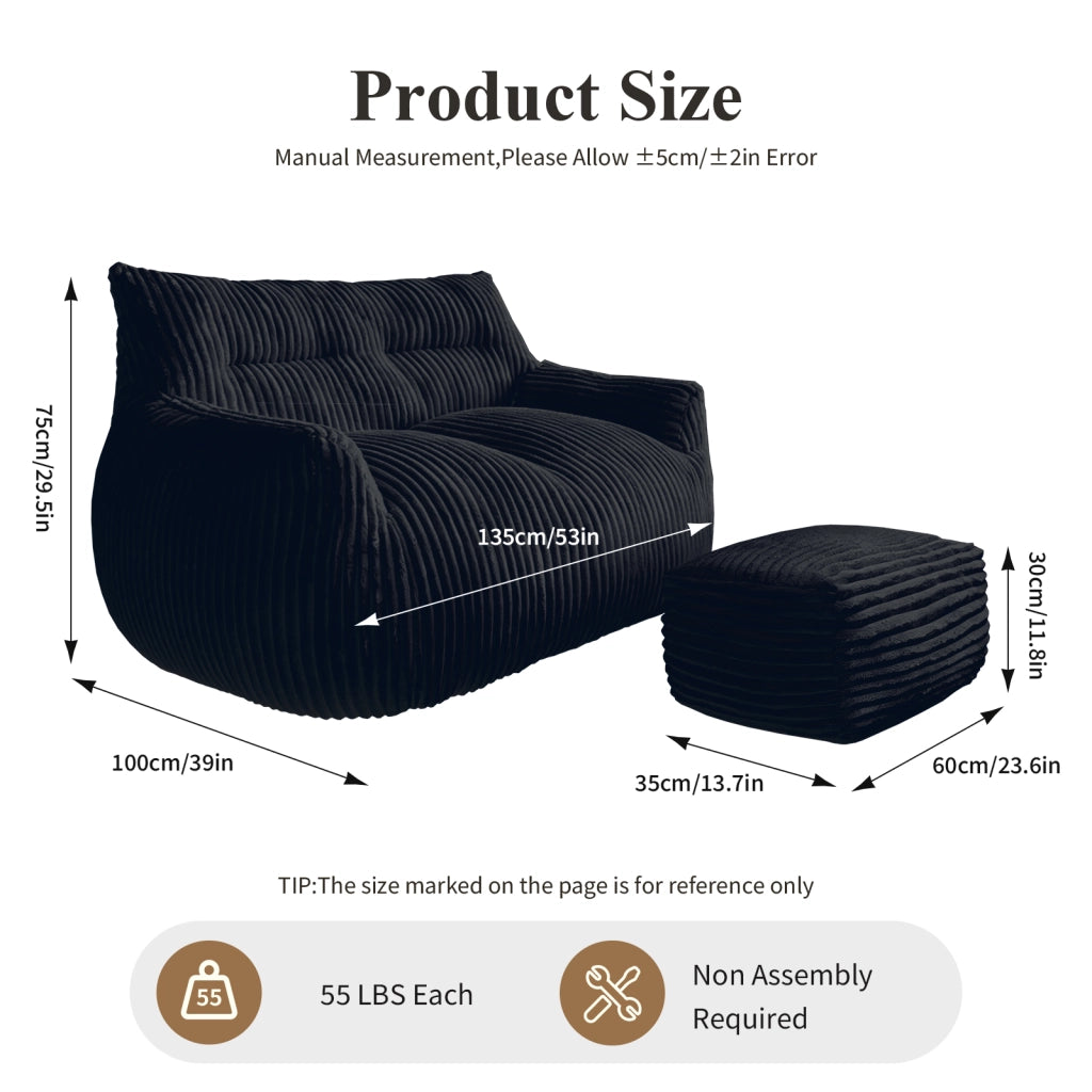 Pouf sacco ergonomico con imbottitura in memory foam, morbido e senza montaggio, in flanella nera